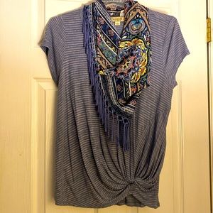 Short sleeve blue and gray striped top w detachable fringe scarf and faux knot